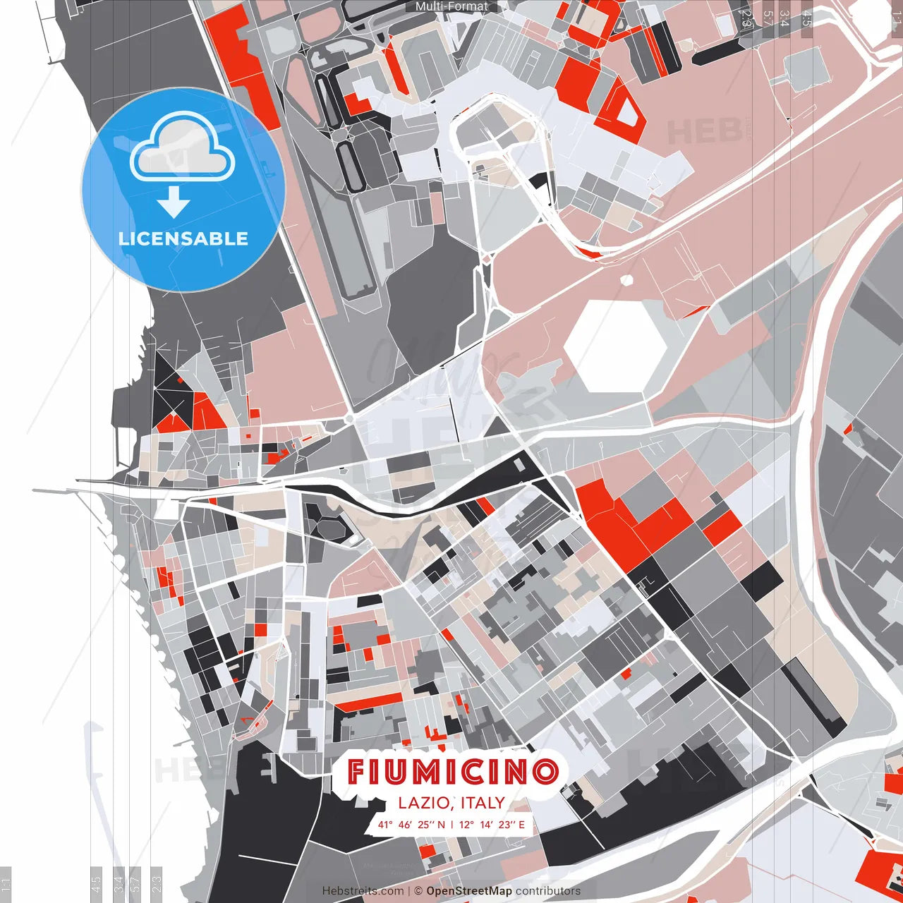 Fiumicino, Lazio, Italy - modern street map poster template with gray and red tones