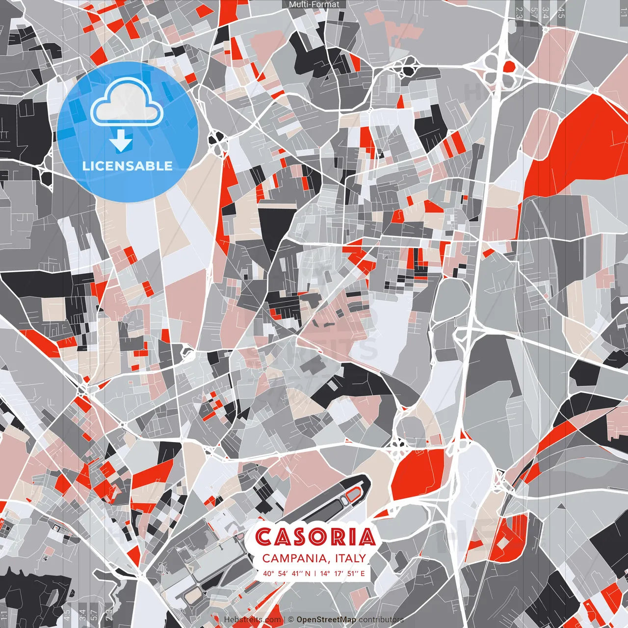 Casoria, Campania, Italy - modern street map poster template with gray and red tones