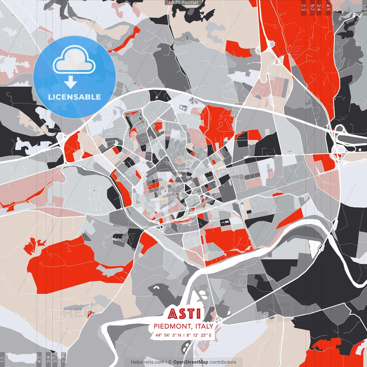 Asti, Piedmont, Italy - modern street map poster template with gray and red tones
