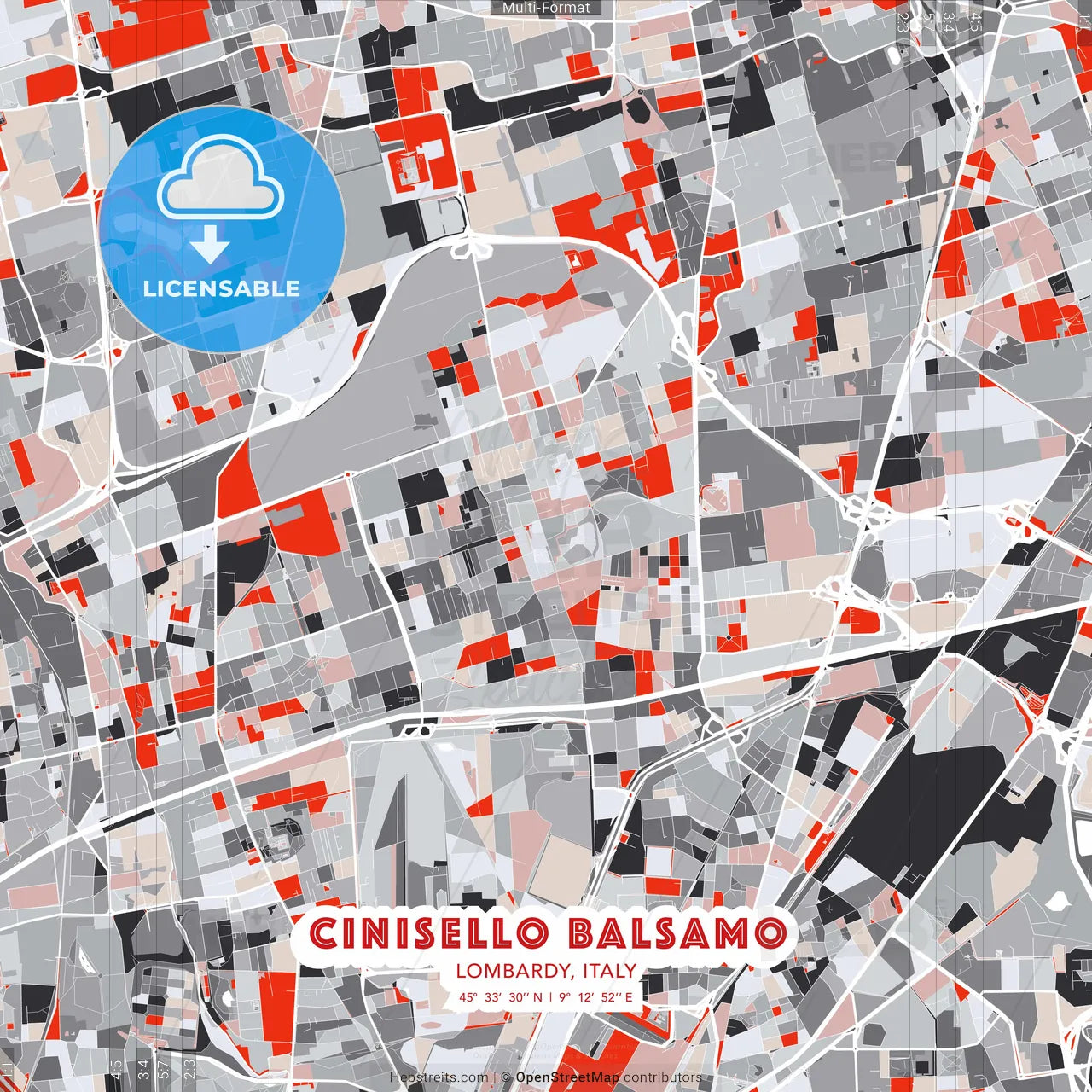 Cinisello Balsamo, Lombardy, Italy - modern street map poster template with gray and red tones