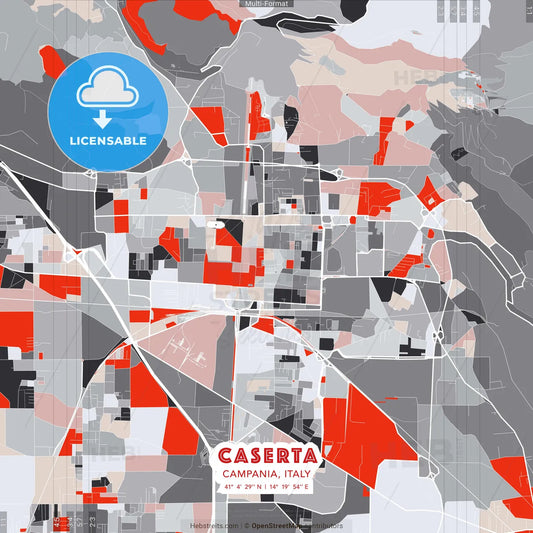Caserta, Campania, Italy - modern street map poster template with gray and red tones