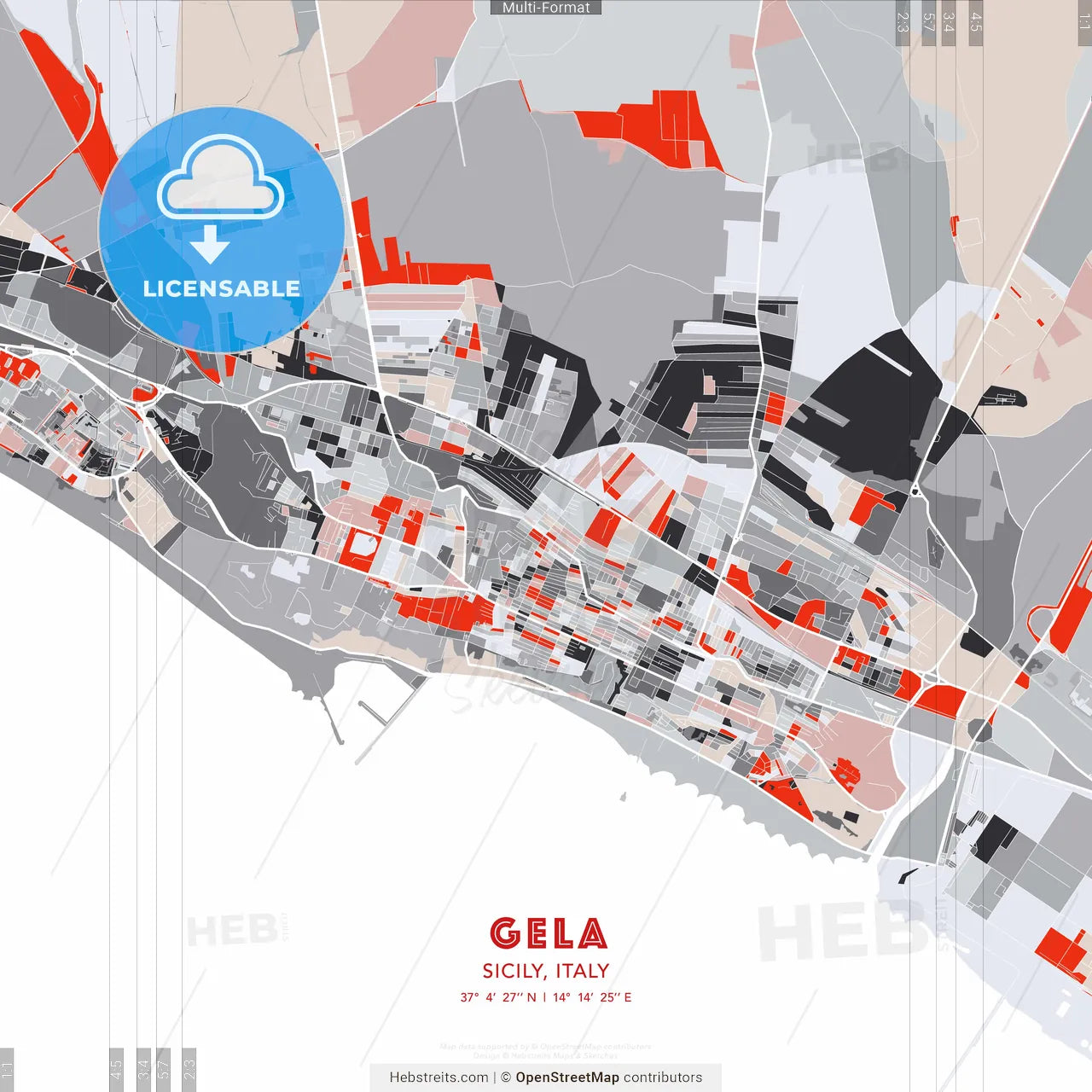 Gela, Sicily, Italy - modern street map poster template with gray and red tones
