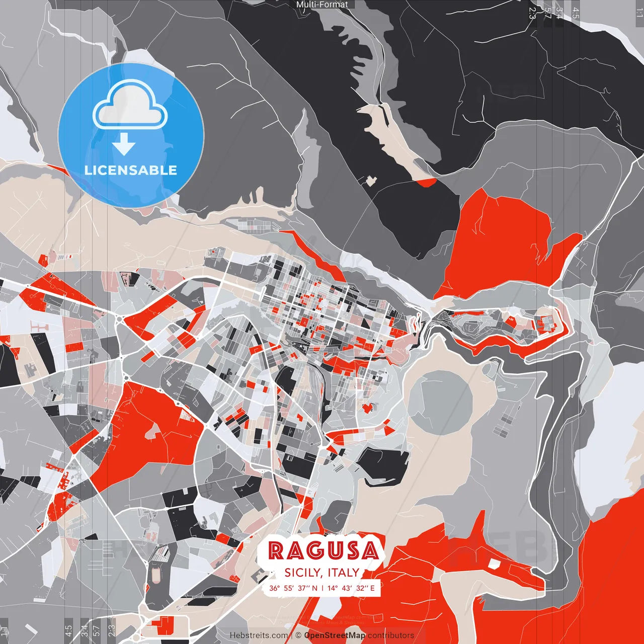 Ragusa, Sicily, Italy - modern street map poster template with gray and red tones