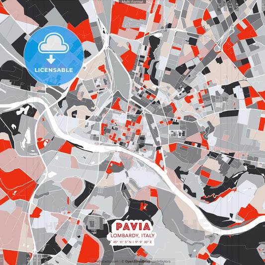 Pavia, Lombardy, Italy - modern street map poster template with gray and red tones