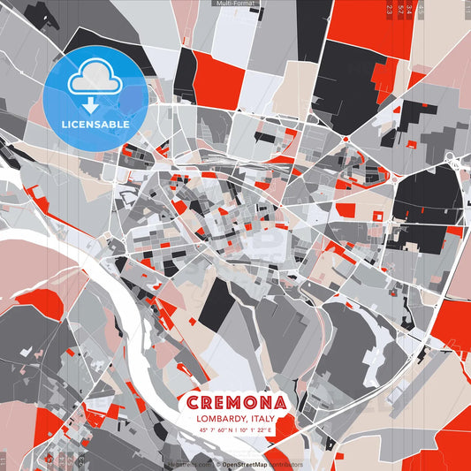 Cremona, Lombardy, Italy - modern street map poster template with gray and red tones