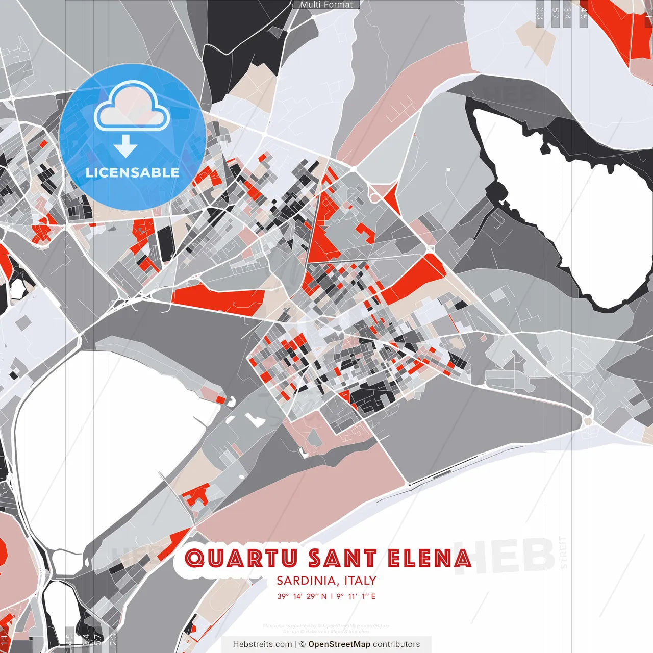 Quartu Sant Elena, Sardinia, Italy - modern street map poster template with gray and red tones
