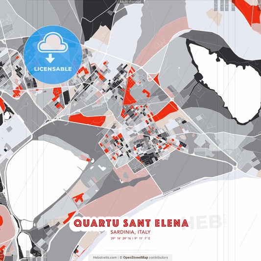 Quartu Sant Elena, Sardinia, Italy - modern street map poster template with gray and red tones