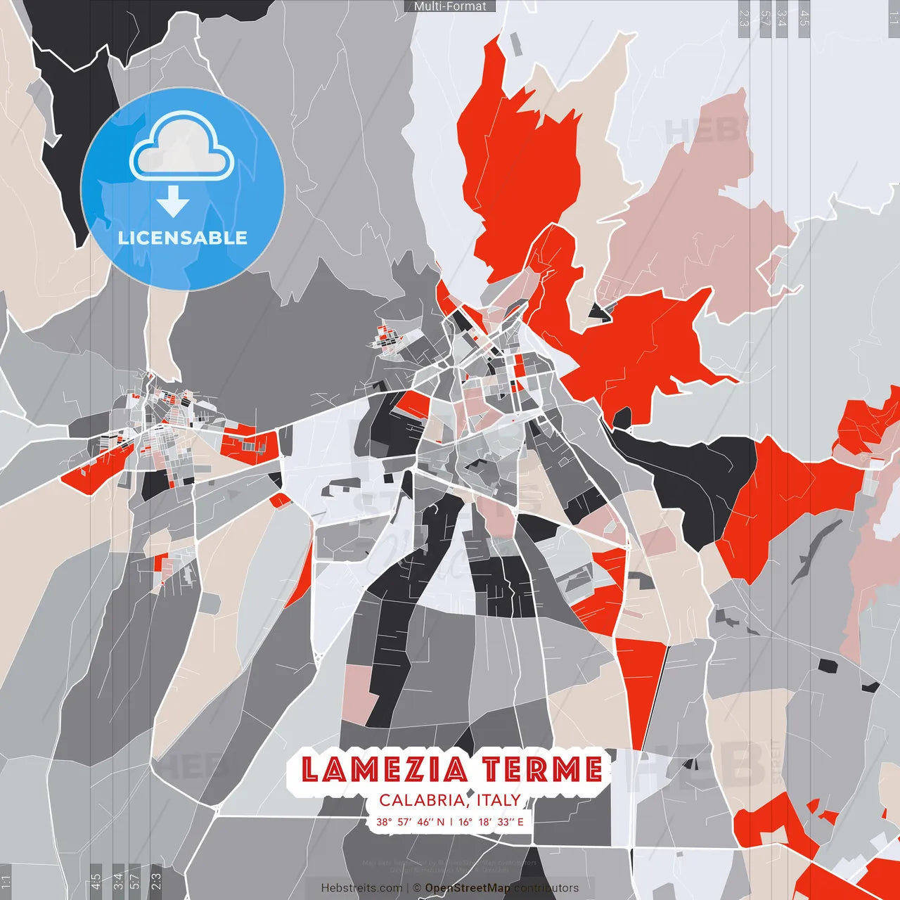 Lamezia Terme, Calabria, Italy - modern street map poster template with gray and red tones
