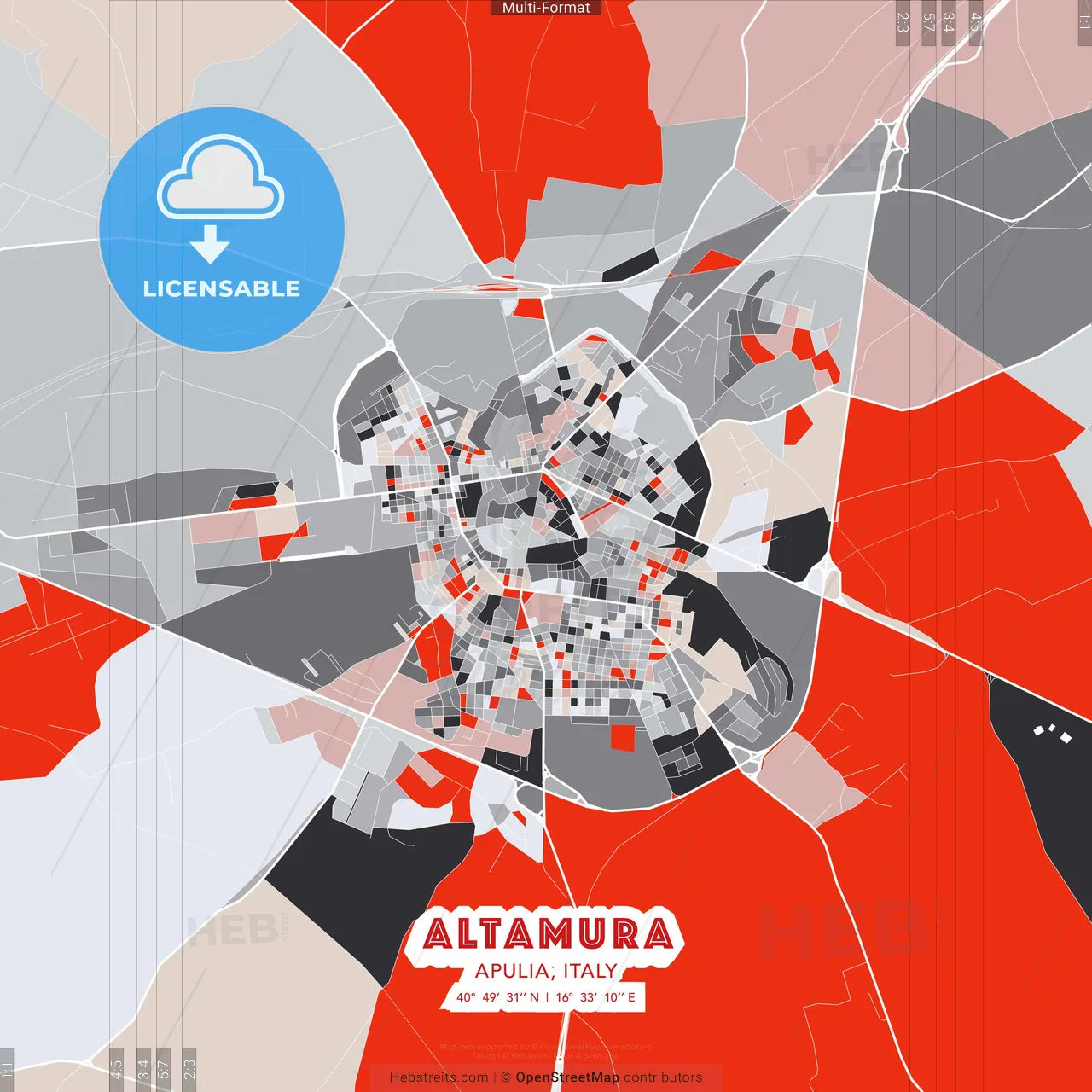 Altamura, Apulia, Italy - modern street map poster template with gray and red tones