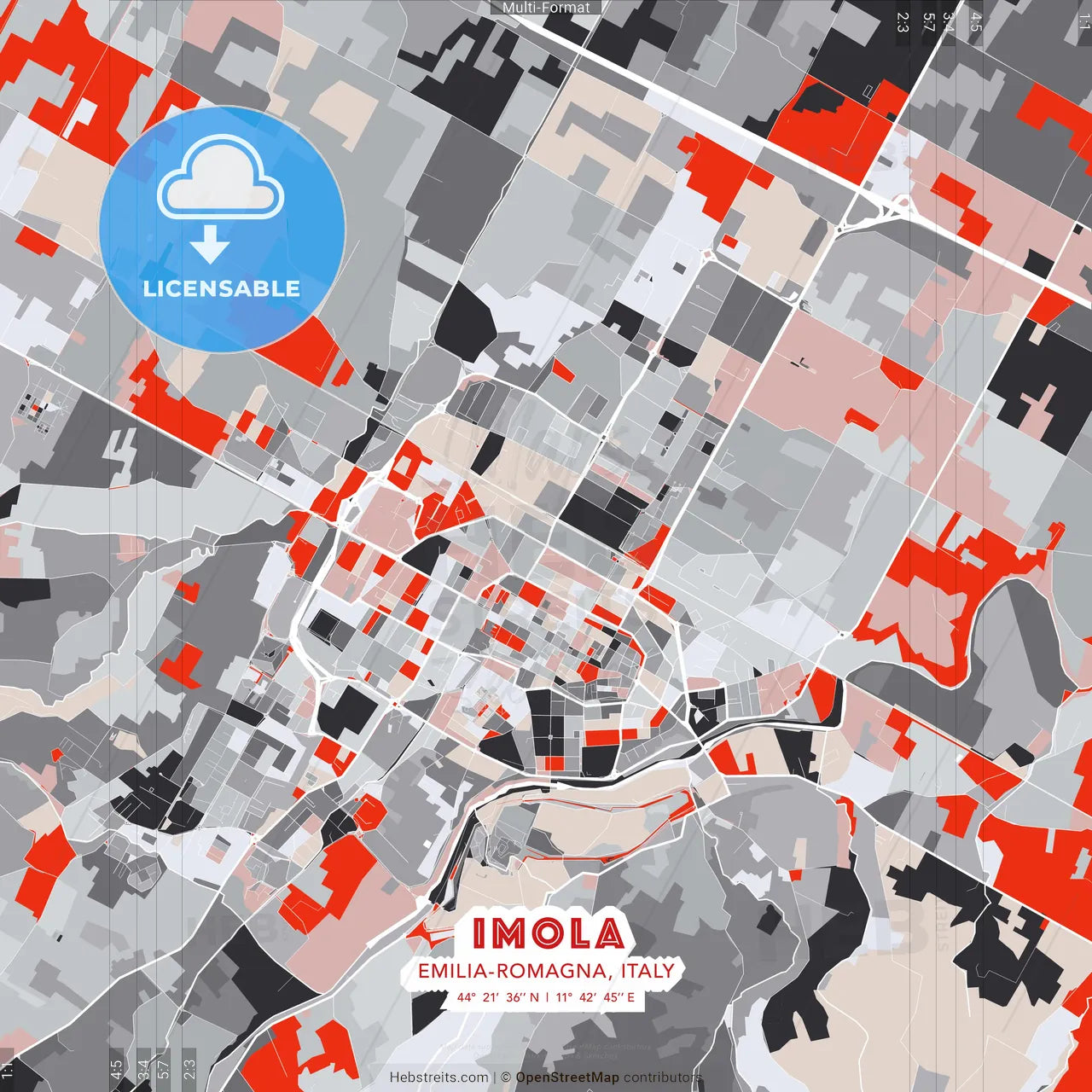 Imola, Emilia-Romagna, Italy - modern street map poster template with gray and red tones