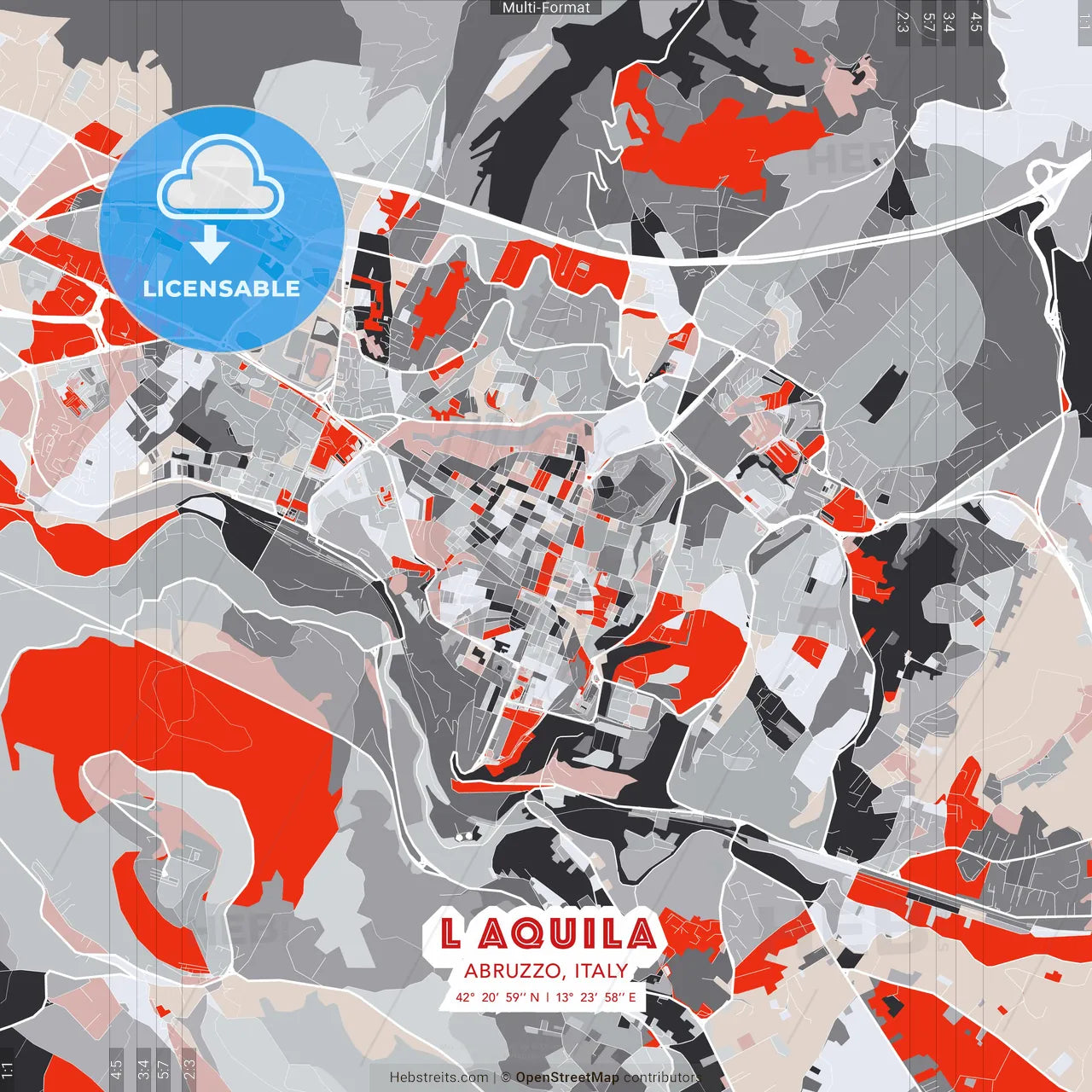 L Aquila, Abruzzo, Italy - modern street map poster template with gray and red tones