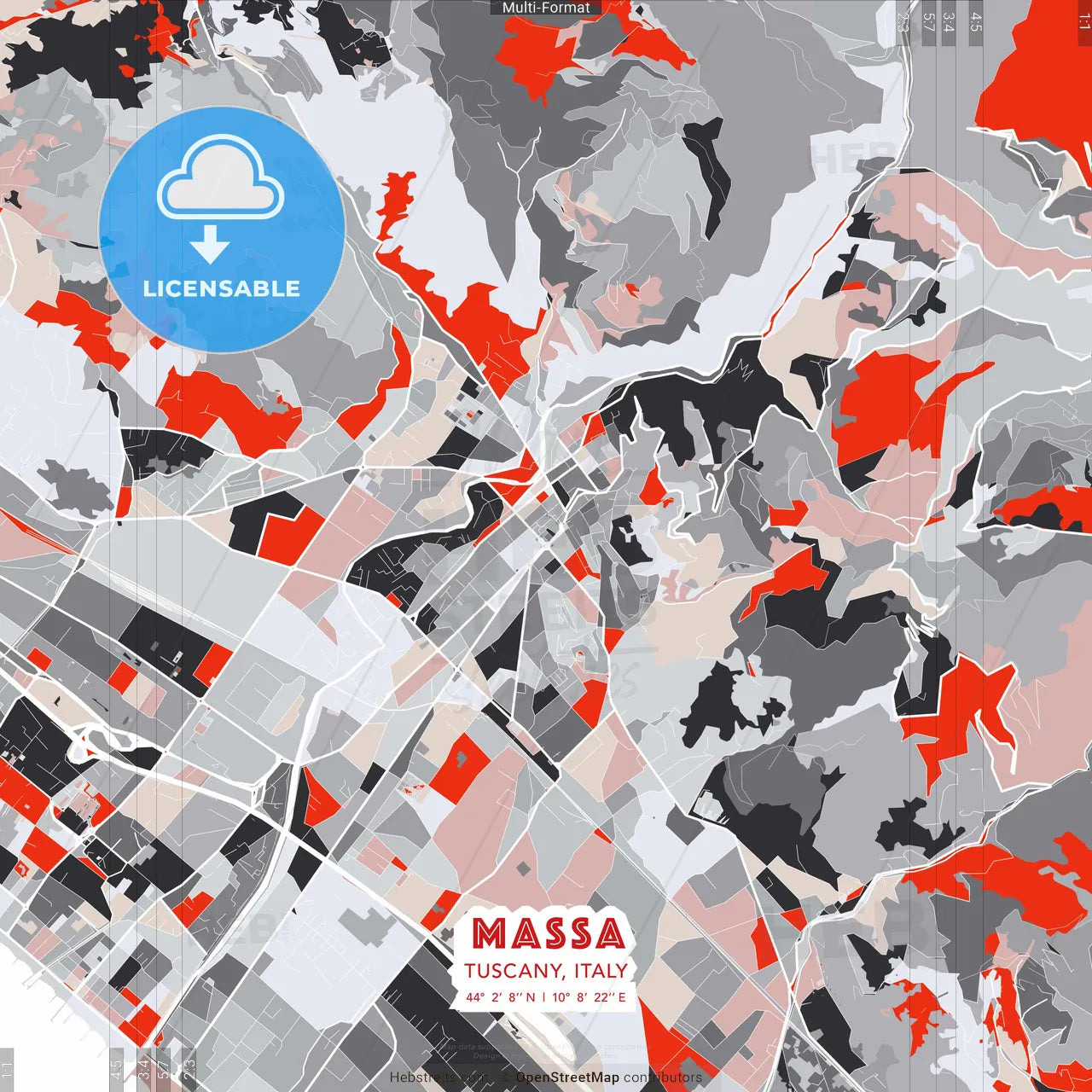 Massa, Tuscany, Italy - modern street map poster template with gray and red tones
