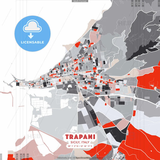 Trapani, Sicily, Italy - modern street map poster template with gray and red tones