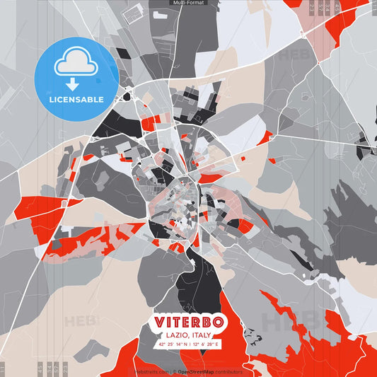 Viterbo, Lazio, Italy - modern street map poster template with gray and red tones