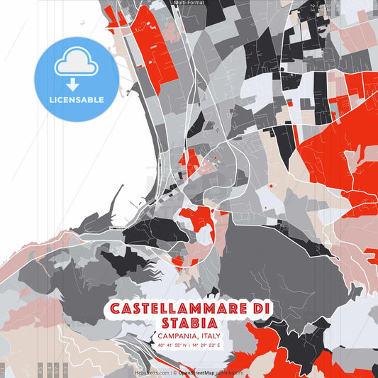 Castellammare di Stabia, Campania, Italy - modern street map poster template with gray and red tones