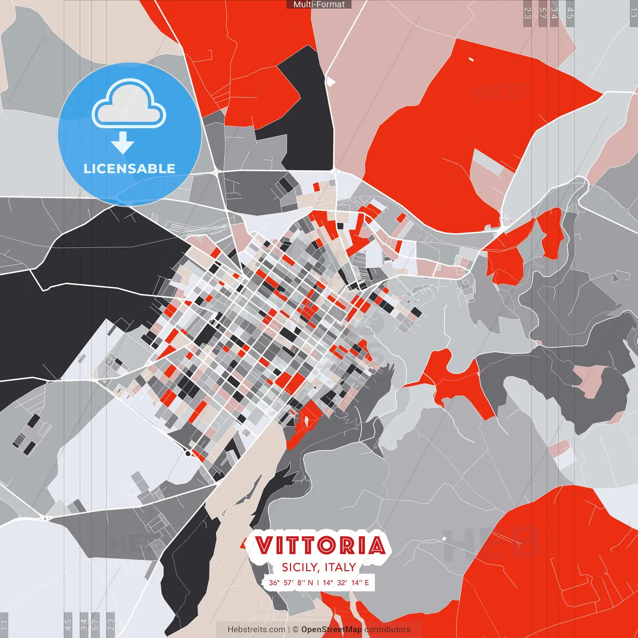 Vittoria, Sicily, Italy - modern street map poster template with gray and red tones