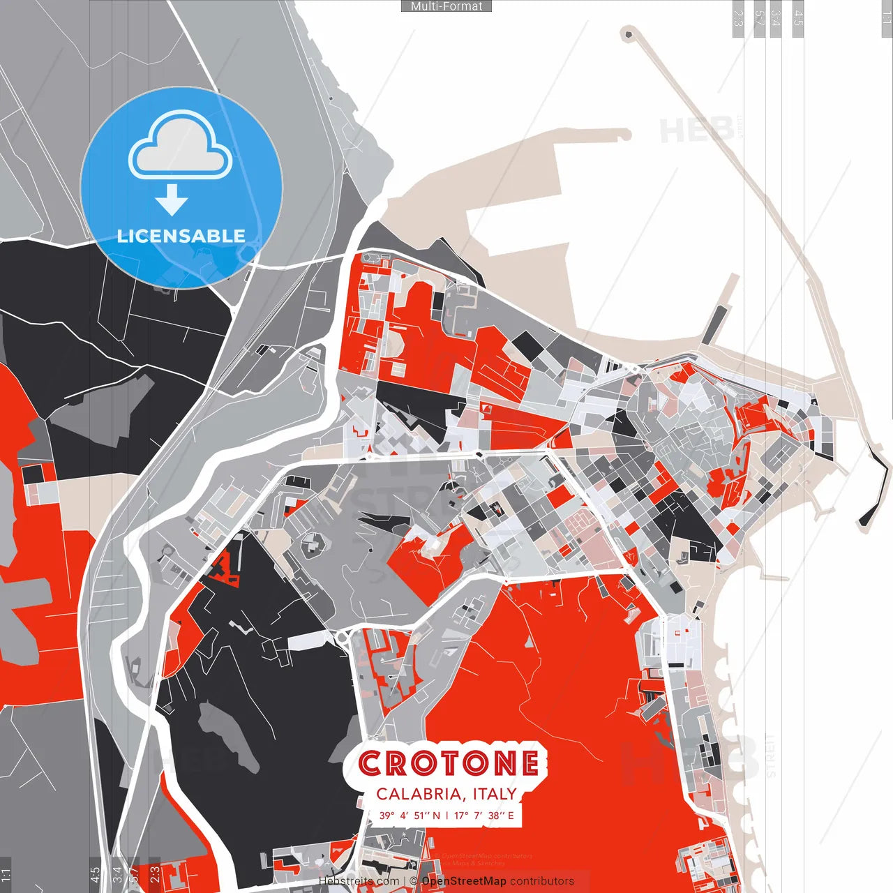 Crotone, Calabria, Italy - modern street map poster template with gray and red tones