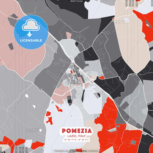 Pomezia, Lazio, Italy - modern street map poster template with gray and red tones