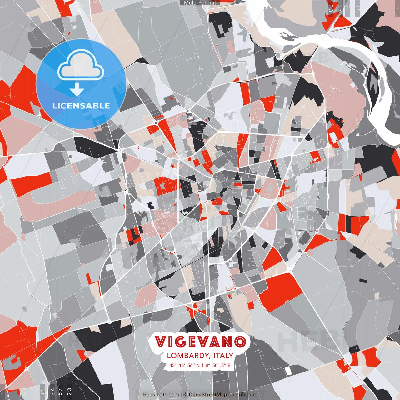 Vigevano, Lombardy, Italy - modern street map poster template with gray and red tones