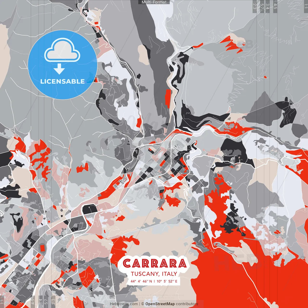 Carrara, Tuscany, Italy - modern street map poster template with gray and red tones