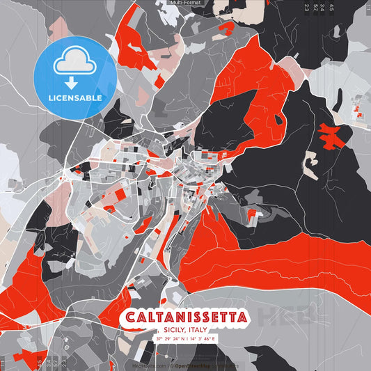 Caltanissetta, Sicily, Italy - modern street map poster template with gray and red tones