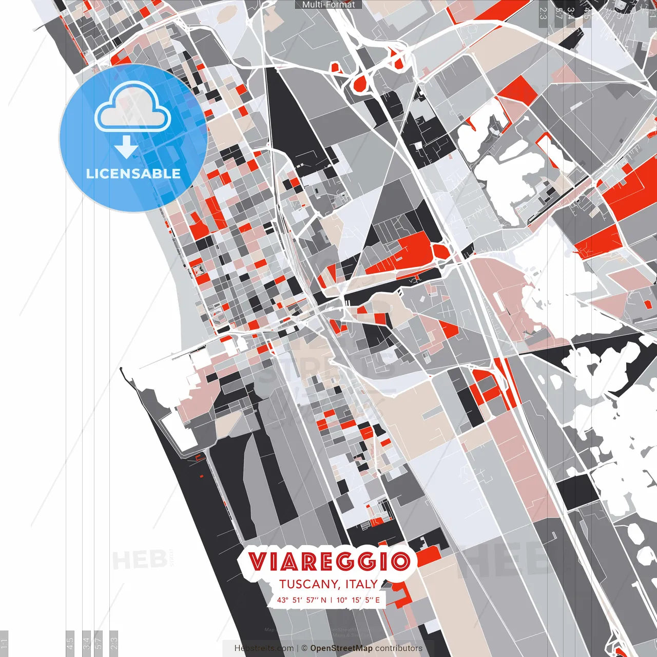 Viareggio, Tuscany, Italy - modern street map poster template with gray and red tones