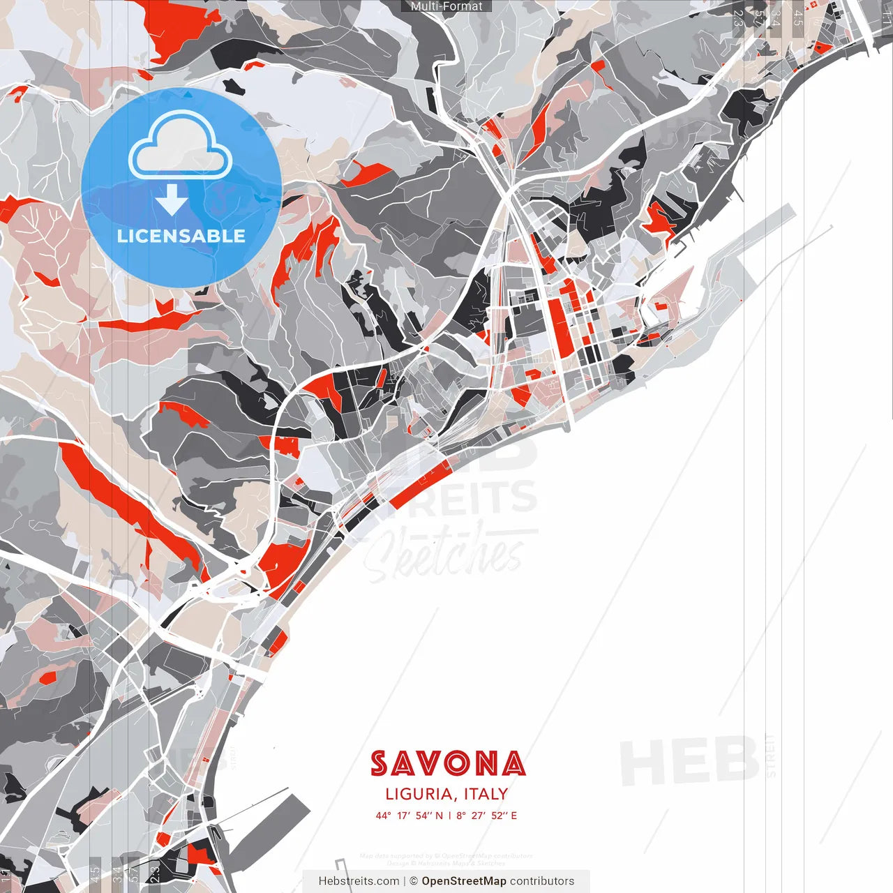 Savona, Liguria, Italy - modern street map poster template with gray and red tones