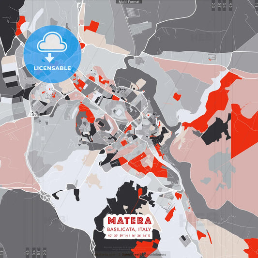 Matera, Basilicata, Italy - modern street map poster template with gray and red tones