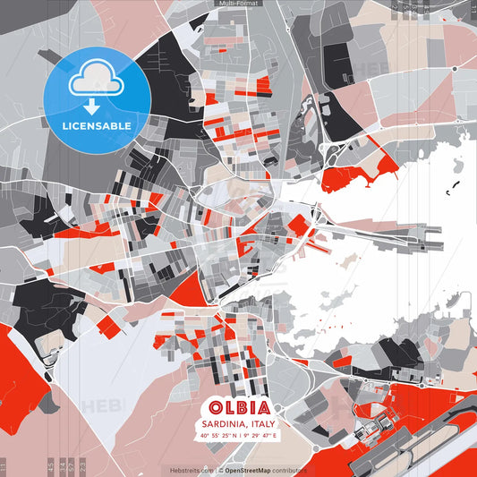 Olbia, Sardinia, Italy - modern street map poster template with gray and red tones