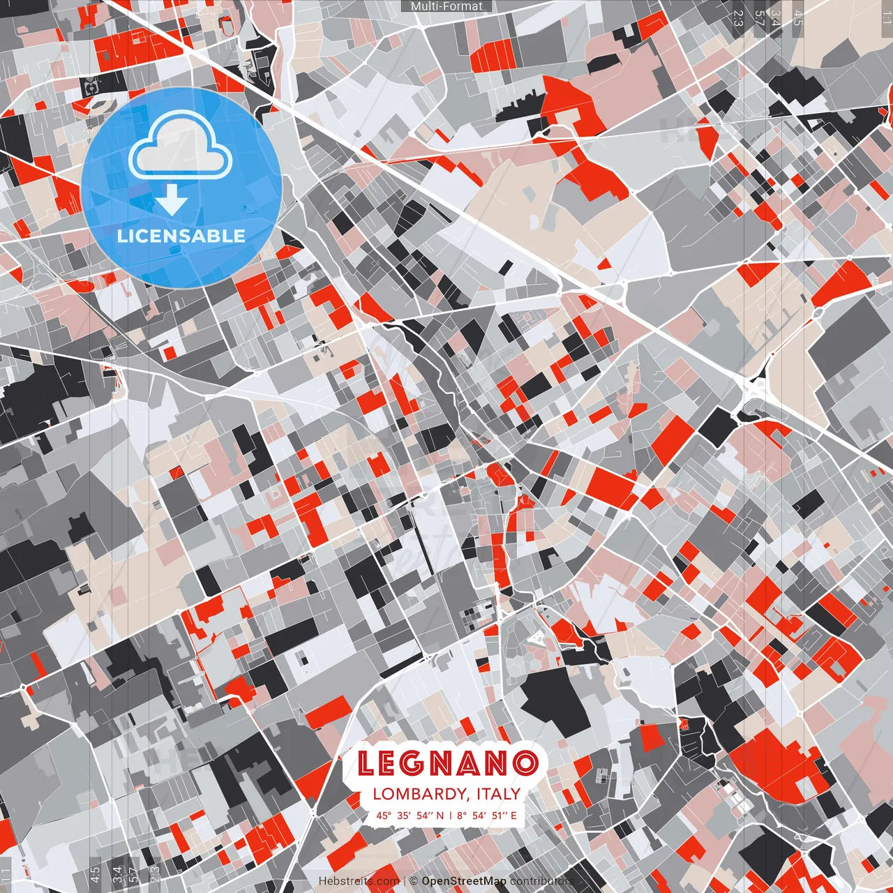 Legnano, Lombardy, Italy - modern street map poster template with gray and red tones