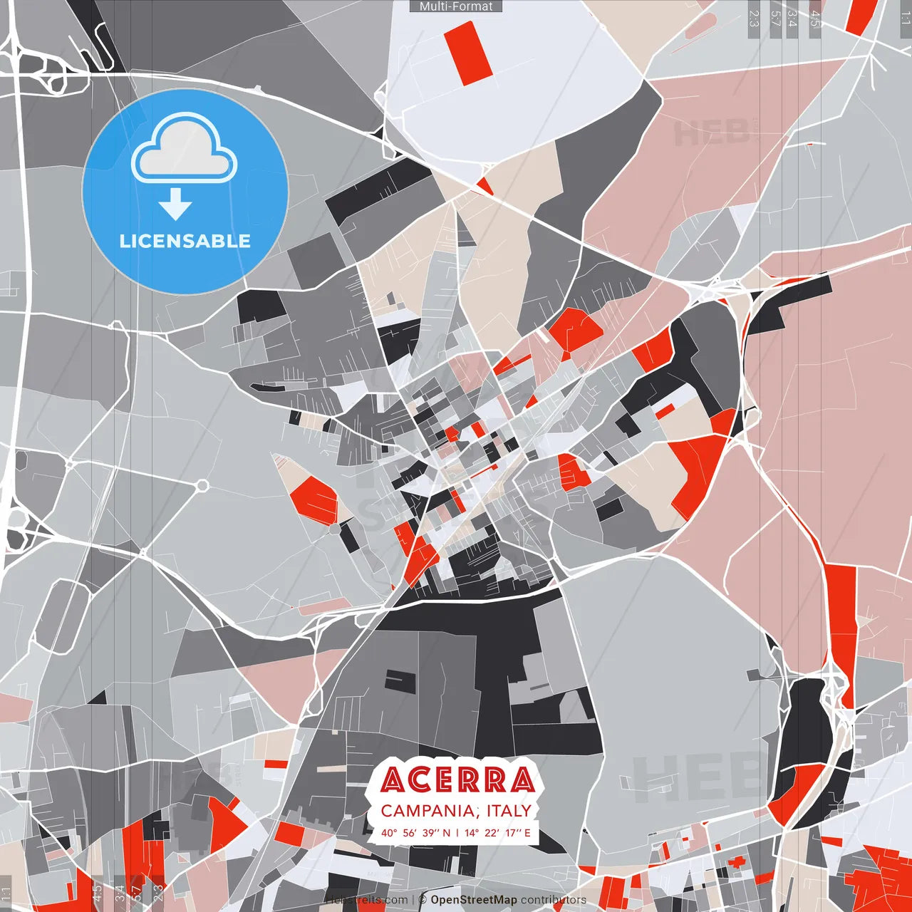 Acerra, Campania, Italy - modern street map poster template with gray and red tones