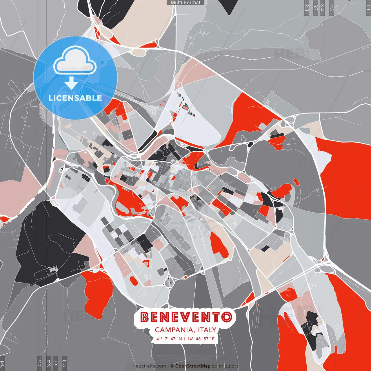 Benevento, Campania, Italy - modern street map poster template with gray and red tones