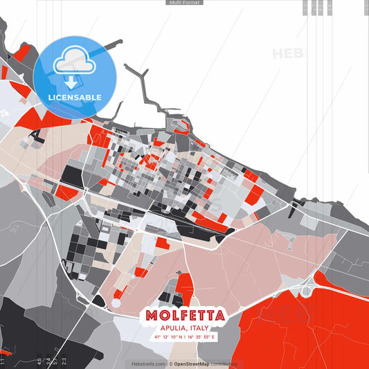 Molfetta, Apulia, Italy - modern street map poster template with gray and red tones