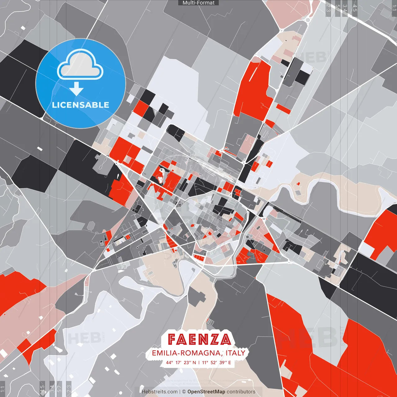 Faenza, Emilia-Romagna, Italy - modern street map poster template with gray and red tones