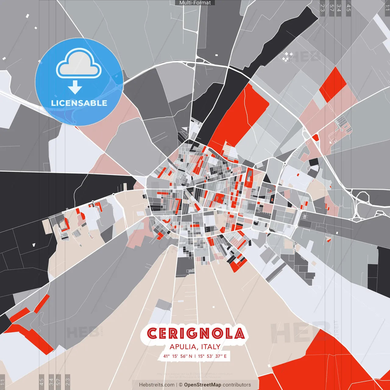 Cerignola, Apulia, Italy - modern street map poster template with gray and red tones