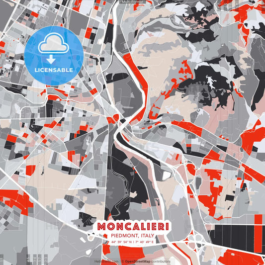 Moncalieri, Piedmont, Italy - modern street map poster template with gray and red tones
