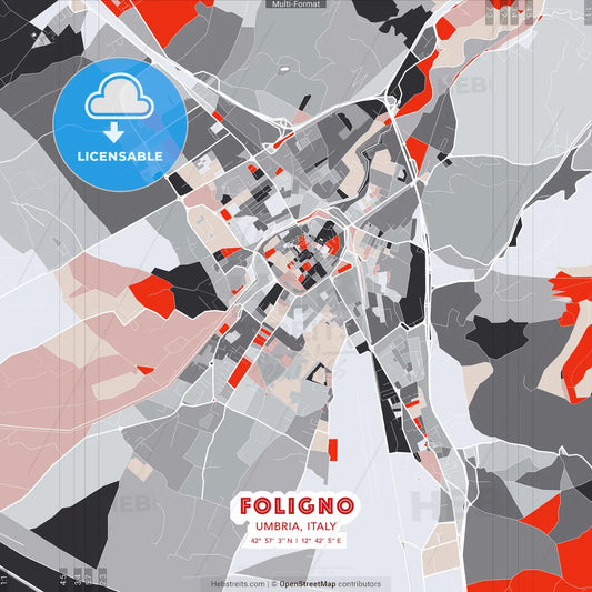 Foligno, Umbria, Italy - modern street map poster template with gray and red tones