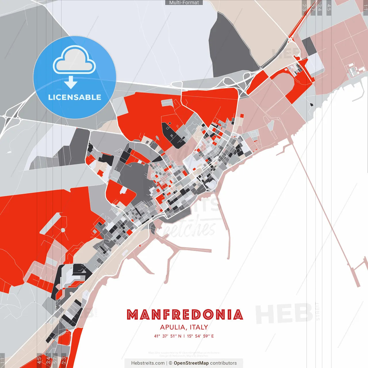 Manfredonia, Apulia, Italy - modern street map poster template with gray and red tones