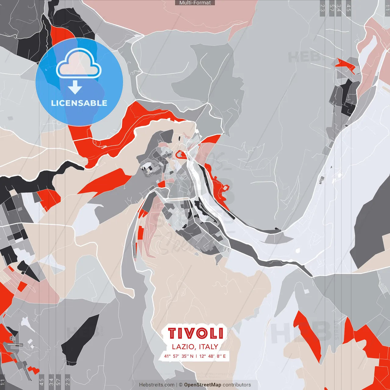 Tivoli, Lazio, Italy - modern street map poster template with gray and red tones