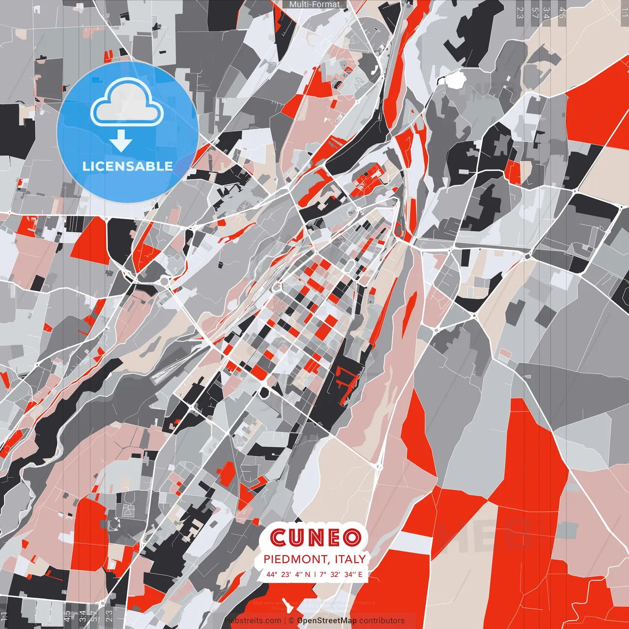 Cuneo, Piedmont, Italy - modern street map poster template with gray and red tones