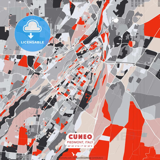 Cuneo, Piedmont, Italy - modern street map poster template with gray and red tones