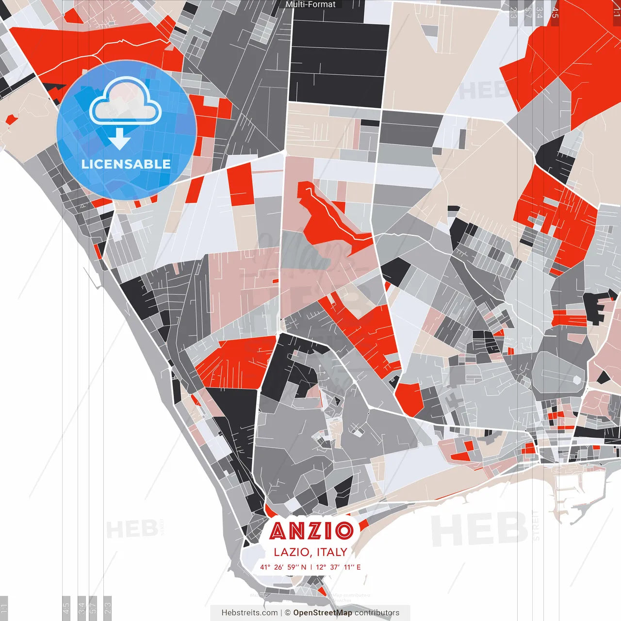 Anzio, Lazio, Italy - modern street map poster template with gray and red tones