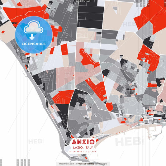 Anzio, Lazio, Italy - modern street map poster template with gray and red tones