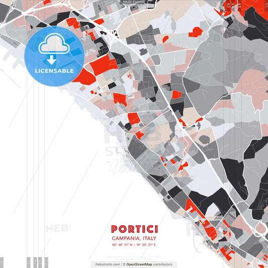 Portici, Campania, Italy - modern street map poster template with gray and red tones