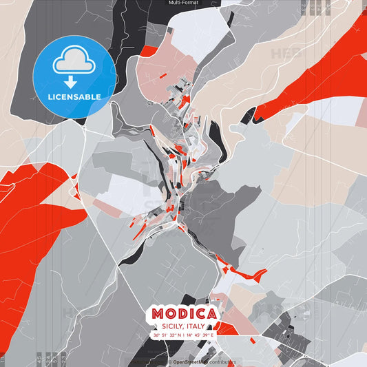 Modica, Sicily, Italy - modern street map poster template with gray and red tones