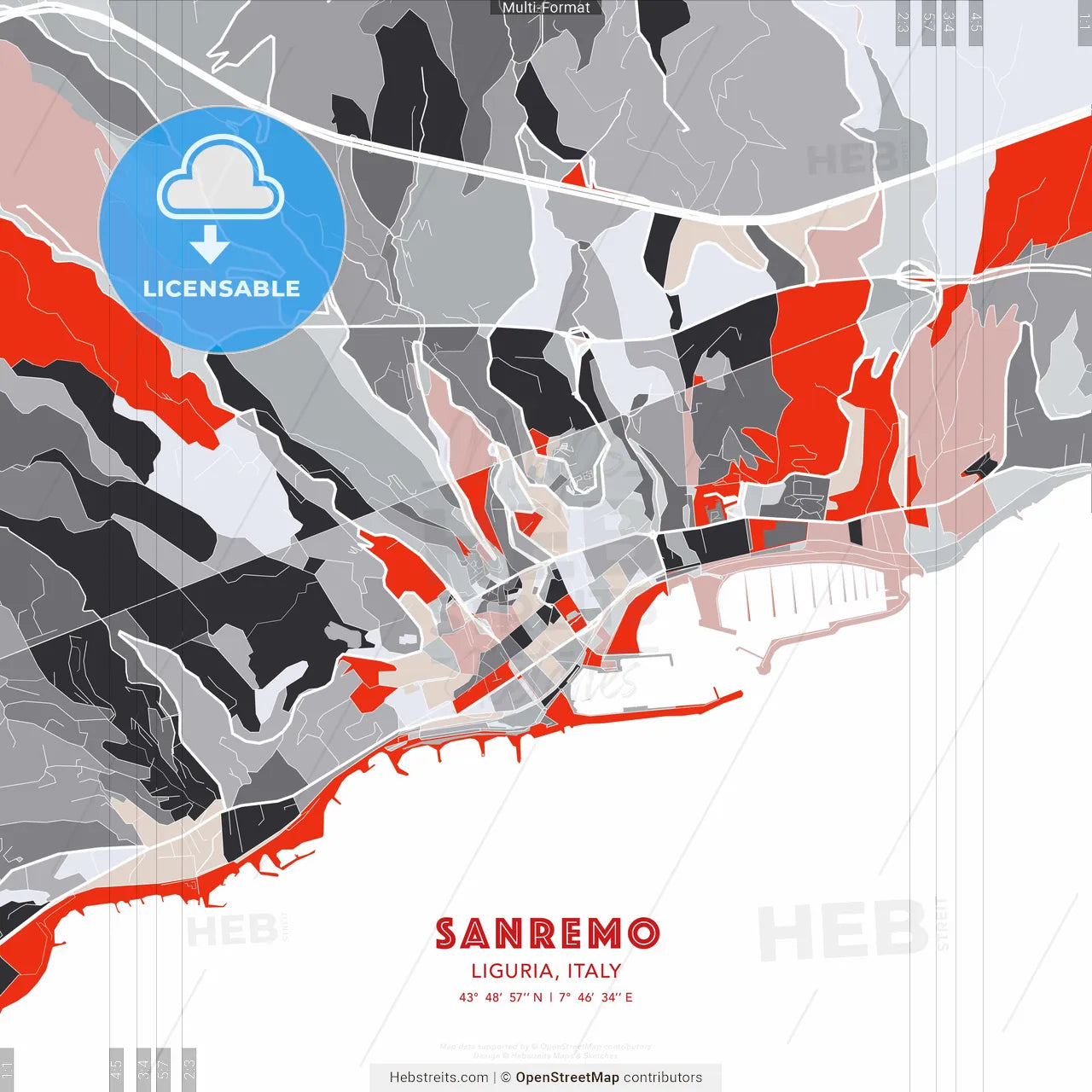 Sanremo, Liguria, Italy - modern street map poster template with gray and red tones