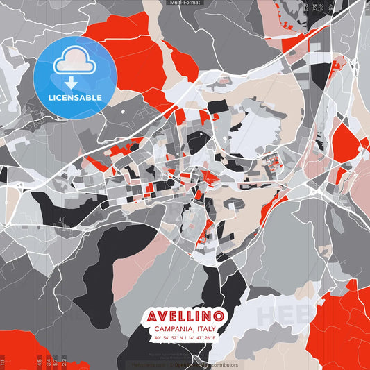 Avellino, Campania, Italy - modern street map poster template with gray and red tones