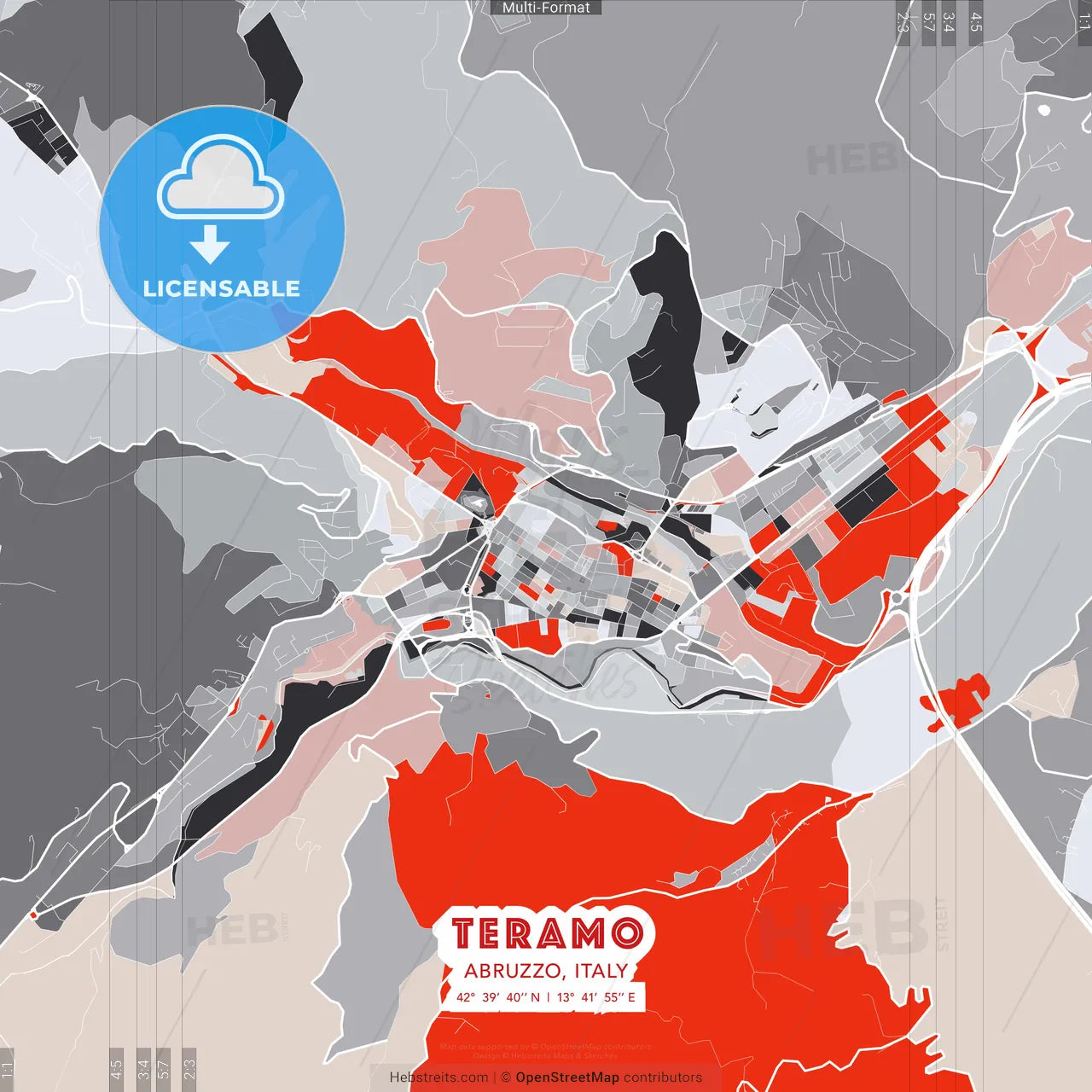 Teramo, Abruzzo, Italy - modern street map poster template with gray and red tones