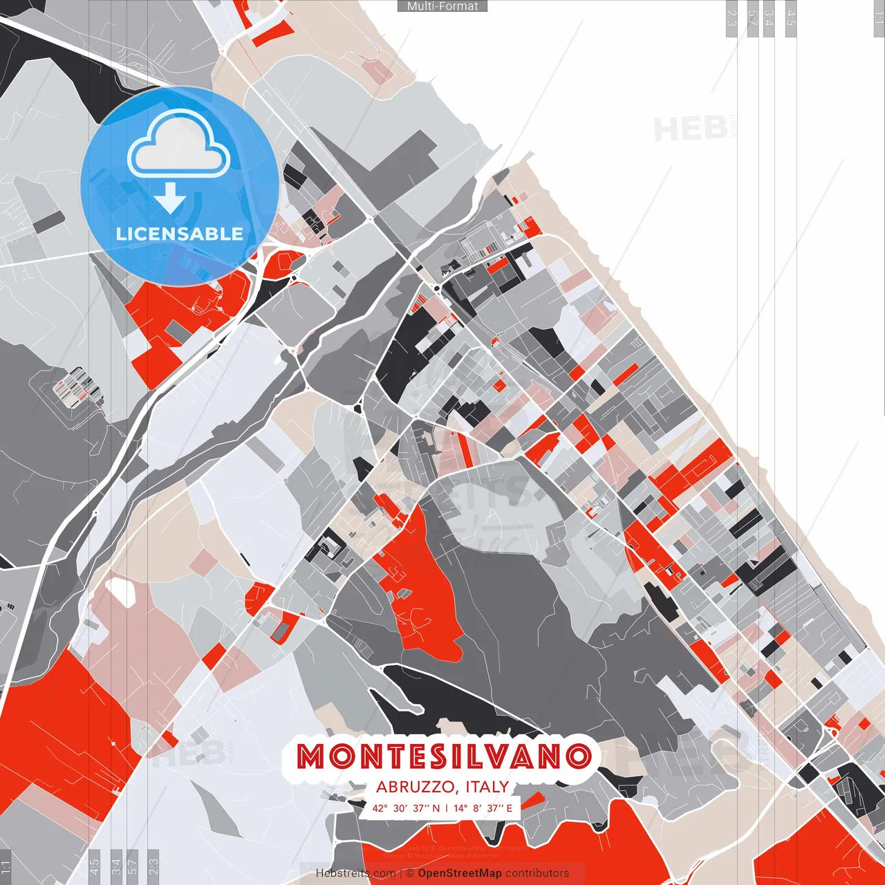 Montesilvano, Abruzzo, Italy - modern street map poster template with gray and red tones