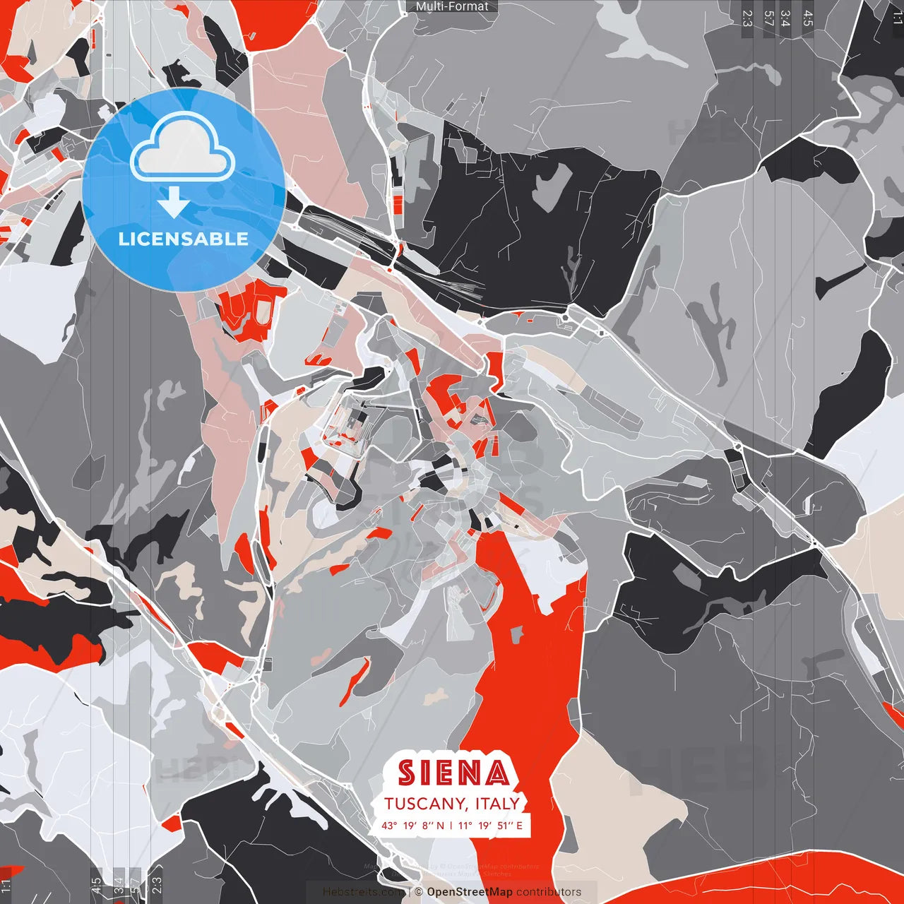 Siena, Tuscany, Italy - modern street map poster template with gray and red tones